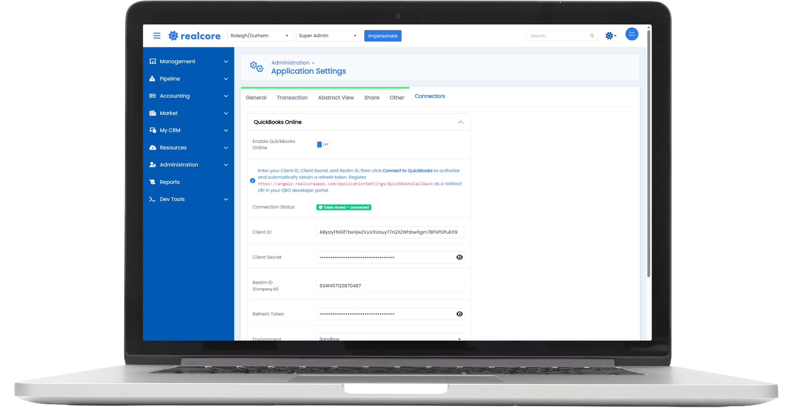 The QuickBooks Online panel under the Connectors tab
